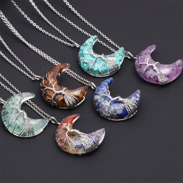 Collier pendentif lune en cristal naturel, améthyste Reiki, bijoux minéraux polis, pierre de guérison pour hommes et femmes