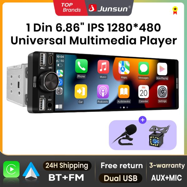 Autoradio Junsun 1 Din 6.86'' avec CarPlay sans fil, Android Auto, FM, stéréo, lecteur multimédia MP5, BT, SWC, USB, unité principale universelle