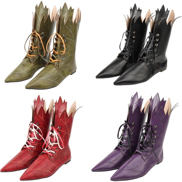 Chaussures de costume d'elfe pour femme, bottes de cosplay féeriques gothiques de la Renaissance à bout pointu, bottes en cuir PU à feuilles d'arbre pour Halloween