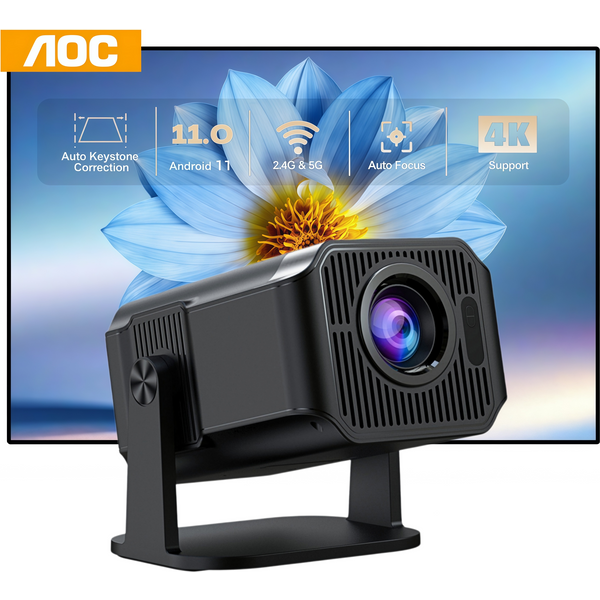 AOC HA108 Android 11 Smart-Projektor, native 720p, 4K, 250 ANSI-Lumen, Autofokus, 4-Punkt-Trapezkorrektur, Dual-Band Wi-Fi 6, Bluetooth 5.4, 1 GB RAM, 8 GB ROM, tragbarer Heimkino-Projektor.