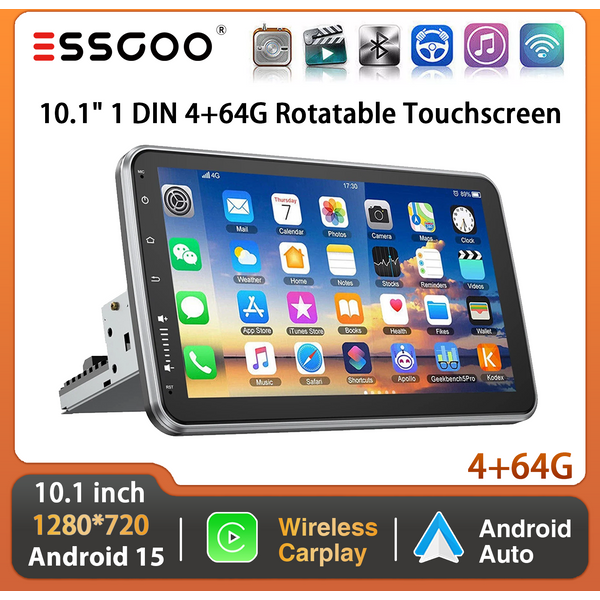 ESSGOO Android 15 64G 10.1" 360° ° Uniwersalne radio samochodowe z ekranem dotykowym 1 DIN, bezprzewodowe CarPlay, Android Auto, GPS Navi, RDS, WiFi, FM, SWC, BT