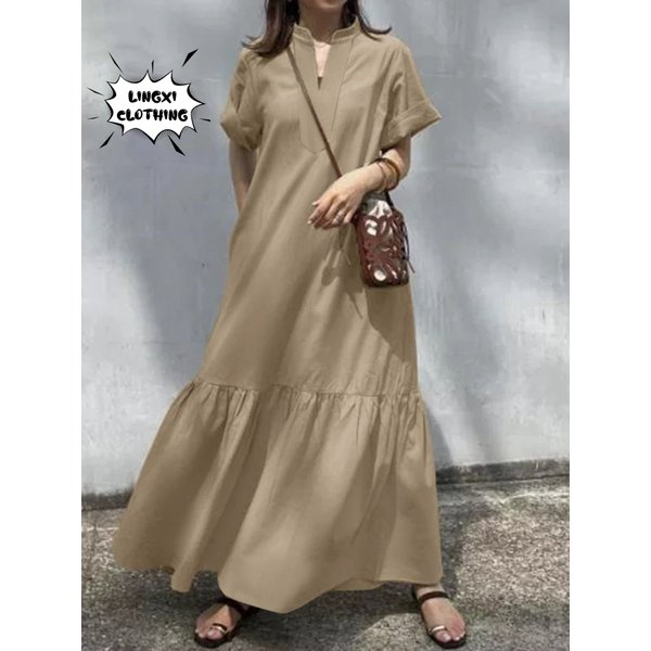 2023 Summer Fashion New Women's Street Style Elegant Long Cotton Linen Dress V-neck Fishtail Large Swing A-line Long Dress