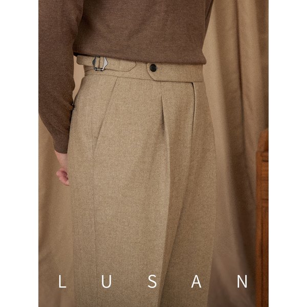 40% Wool Winter Thick Warm Naples Casual High Waist Straight Pants Commuter Retro Men