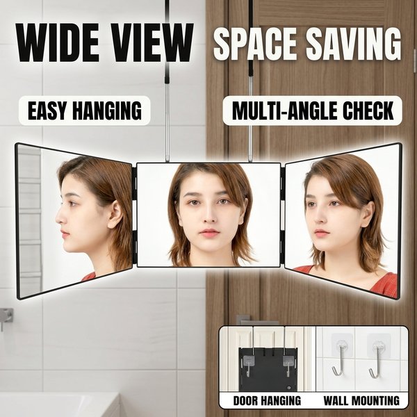 Miroir de maquillage pliable de voyage à trois volets 360 ° Miroir à crochet suspendu, hauteur réglable, pour le maquillage, la coupe de cheveux et la coiffure.