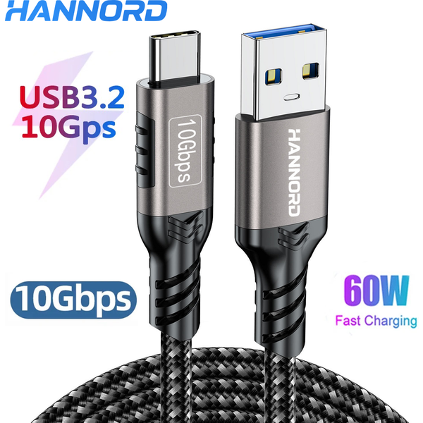 Hannord USB3.2 10Gbps USB A do USB C 3.2 Gen2 Kabel typu C Transfer danych 3A 60W QC 3.0 Szybkie ładowanie dla iphone Macbook SSD