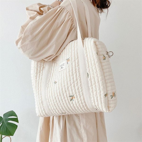 Sac à main à couches en tissu de coton Beige pour bébé, motif brodé de fleurs d'ours mignon, fermeture éclair, nouveau sac à bagages