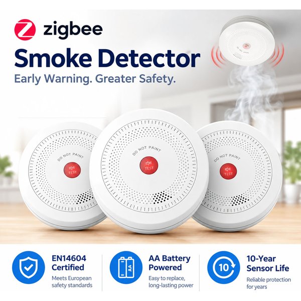 Lot de 3 détecteurs de fumée Zigbee, alarme de fumée intelligente pour la maison, compatible avec l’application Tuya Smartlife, alerte, durée de vie du capteur de 10 ans, fonctionne avec des piles AA.