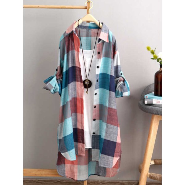Chemisier à carreaux en coton pour femme, chemise femme, mi-long, manches longues, décontracté, style coréen, vêtements d'extérieur, grande taille, automne, hiver