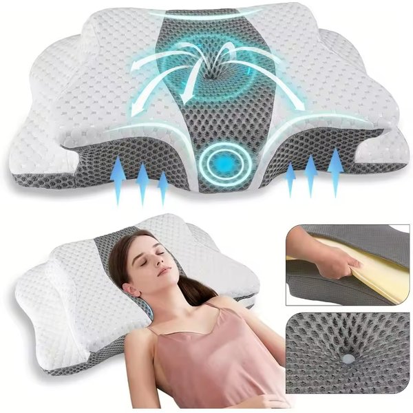 Oreiller cervical Butterfly Memory – Oreiller ergonomique à 3 points de soutien pour la tête, le cou et les épaules, housse amovible et lavable, idéal pour les dormeurs sur le dos et sur le côté, gris