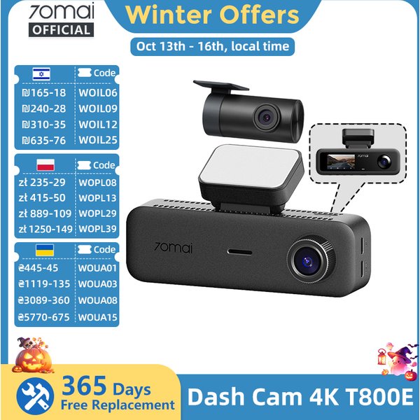 70Mai T800E 3-Kanal-Dashcam: Frontkamera 4K + Rückkamera 1080P + Innenkamera 1080P HDR, Superkondensator, 24-Stunden-Parküberwachung, GPS, Sprachsteuerung, Wi-Fi6