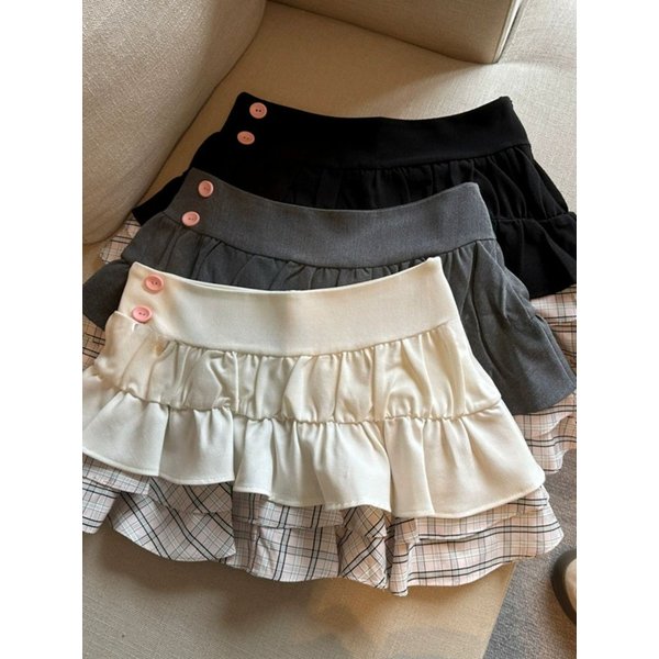 Süßer Kawaii Karierter Kontrast-Rock mit Stufenvolants und Hoher Taille, Mini-Kuchenrock für Damen, Schlanke Passform mit Eingebauten Shorts, Sommerliche Alltagskleidung, Streetwear