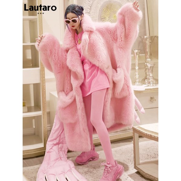 Lautaro Winter Long Oversized Pink Thick Warm Soft Shaggy Fluffy Faux Fur Coat Women Pockets Lapel Loose Sweet Cute Fashion 2022
