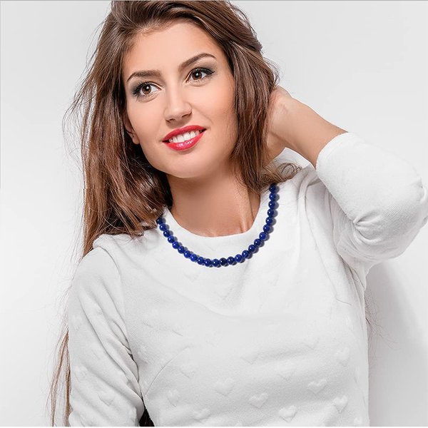 6mm Natural Lapis Lazuli Beaded Strand Choker Necklace For Women Jewelry Stainless Lobster Clasp Birthday Gifts For Her 16"