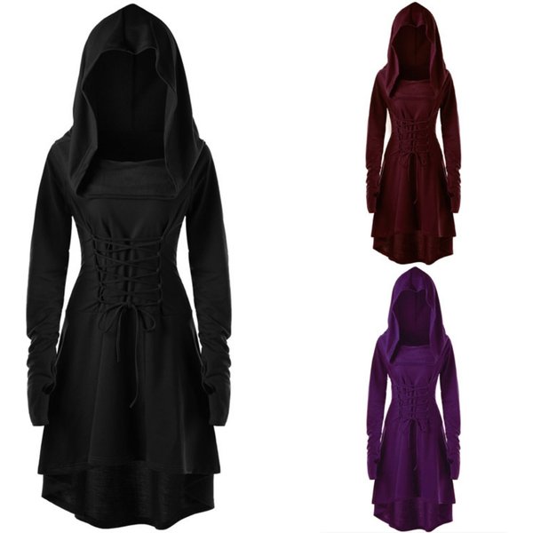 Vintage Damen Cosplay Mittelalter Renaissance Bogenschützen-Kostüme Kapuzenrobe Pullover Langer Hoodie-Kleid Umhang Halloween-Party