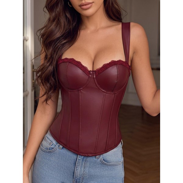 Damen Korsett aus weinrotem Kunstleder mit Trägern, zum Formen des Bauches, Push-up-Oberteil, strukturiertes Bustier mit Schnürung