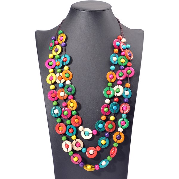 Collier et pendentif en bois multicouche fait à la main, douane ethnique, perles, bijoux de déclaration Vintage