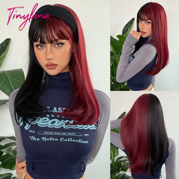 Perruques de cheveux synthétiques longues droites avec frange pour femme, noir et rouge foncé, cosplay, fête d'Halloween, perruque deux tons, degré de chaleur