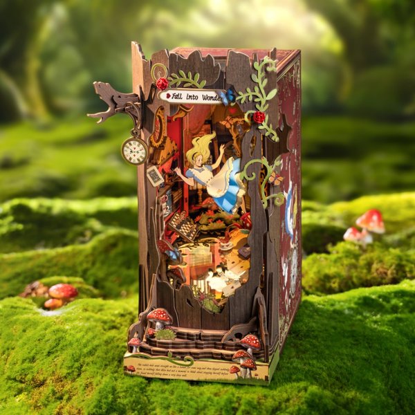 Robotime Rolife Book Nook Kits Fall into Wonder DIY Bookshok mit Lichtern Miniaturhaus Kit 3D Holzpuzzle Bücherregal Geschenk TGB