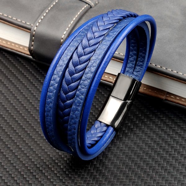 MingAo – Bracelet en acier titane bleu Punk tressé en cuir pour hommes, fermoir magnétique noir, le meilleur cadeau pour les bijoux Vintage