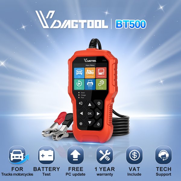 VDIAGTOOL BT500 Autobatterietester Auto-Lade- und Startsystem-Analysator Codeleser für 12V Auto 24V LKW Motorrad SUV ATV Boot BT 500 Batterie-/Start-/Lade-/Ripple-/Motorrad-/LKW-Batterietest