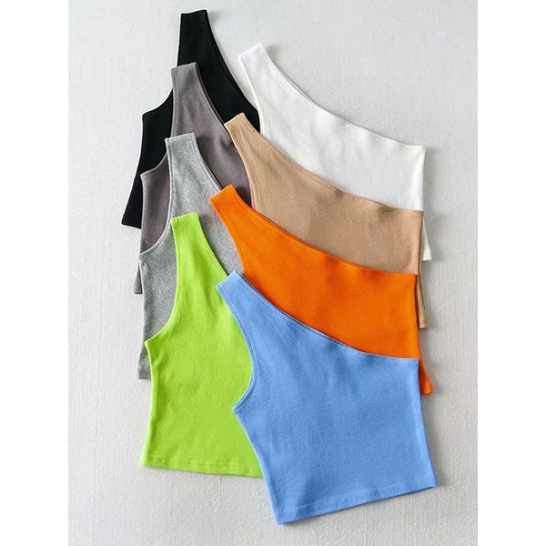 One Shoulder Cropped Tanks Top Women Summer Sleeveless Tanks Camis Sexy Oblique Collar Elastic Corset Slim Crop Tops Tube Lady