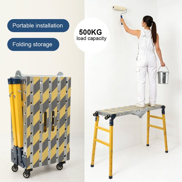 Klappbarer Pferdestuhl, belastbar bis 500 kg, höhenverstellbar 60-90 cm, technische Leiter, Gerüst mit vier leichten Rollen, zum Heben, Schaben, Spachteln, für Maler, Dekoration, als Regal nutzbar