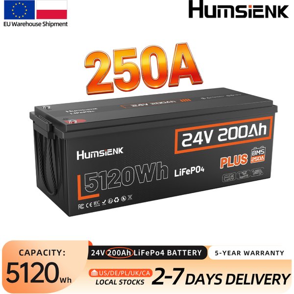 Humsienk LiFePO4 Lithium-Batterie 24 V (25,6 V) 200 Ah mit 250A BMS, 15.000 Zyklen für Wohnmobile, Solaranlagen, Boote, Marine, Heimspeicher