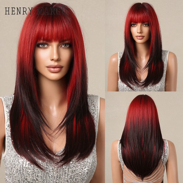 HENRY MARGU – perruque synthétique longue et lisse avec frange, perruque ombrée rouge à noir en Fiber résistante à la chaleur pour femmes