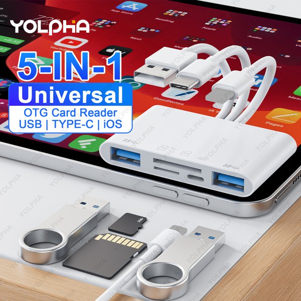 5-in-1 Speicherkartenleser USB OTG SD-Leser für iPhones, iPads, USB-C A Geräte, Micro-SD-Steckplätze, unterstützt SDHC, SDXC, MMC