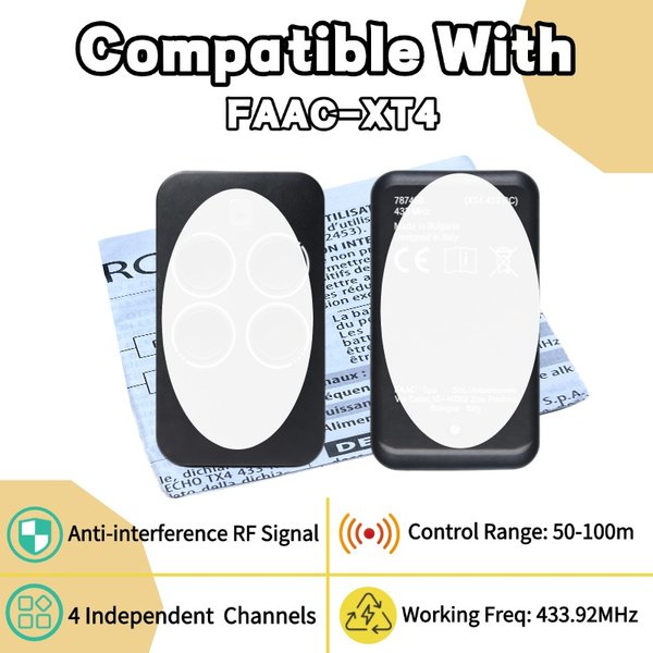 FAAC XT4 433 RC 787456 Garage Door Remote Control Compatible With XT4 433RC 787452 787453 433MHz Gate Opener Remote Control