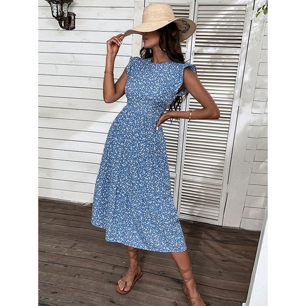 Summer Retro Women Round Neck Sleeveless Midi High Waist Floral A Line Chic Long Dress