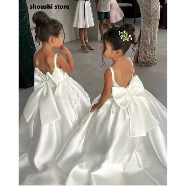 Robe de demoiselle d'honneur blanche avec bretelles à nœud, mini-robe de mariée, robe de bal pour enfants, robe de première communion, Vestidos personnalisée