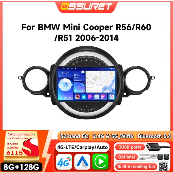 Android-Autoradio-GPS-Player für BMW Mini Cooper R56 R60 R51 2006 - 2014, kabelloses CarPlay, intelligenter Bildschirm, Stereo-Multimedia