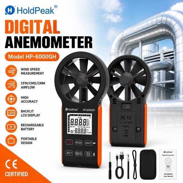 Anemometr CFM do pomiaru przepływu powietrza w systemach HVAC, zasilany akumulatorowo, zakres 0,3–30 m/s, miernik prędkości wiatru, z funkcją pomiaru temperatury, zasilanie przez port USB typu C,