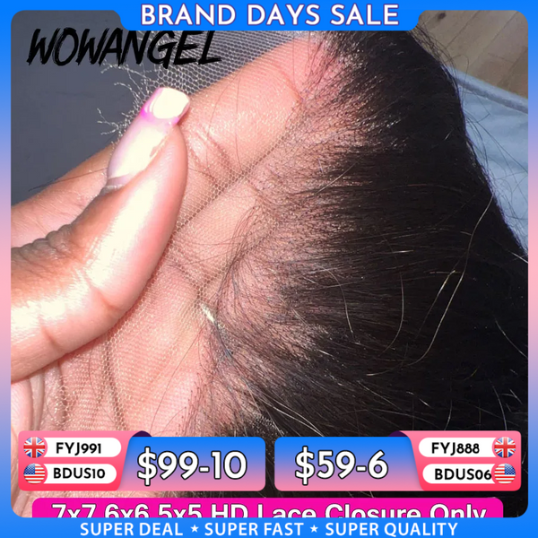 Wow Angel-Fermeture en dentelle HD pré-plumée, cheveux humains raides, cheveux vierges uniquement, fermetures en dentelle HD, cheveux fondus, 7x7, 6x6, 5x5
