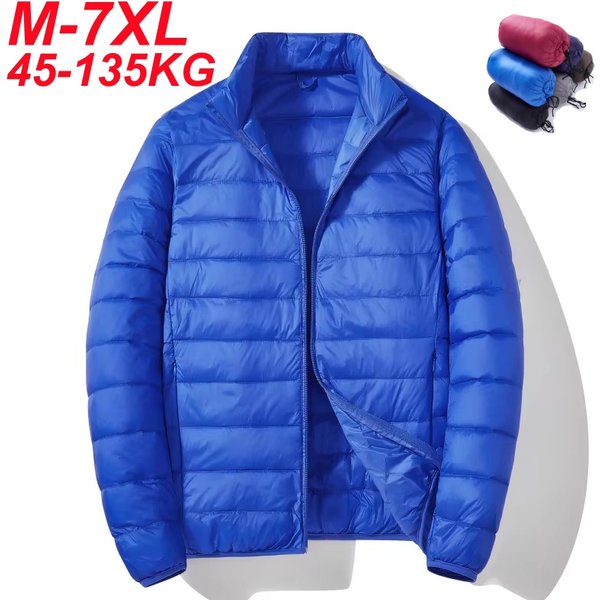 Męska kurtka puchowa zimowa, biznesowa, casualowa, ze stójką, ocieplana białym puchem kaczym, lekka kurtka puchowa, duży rozmiar 5XL 6XL 7XL, do 135 kg