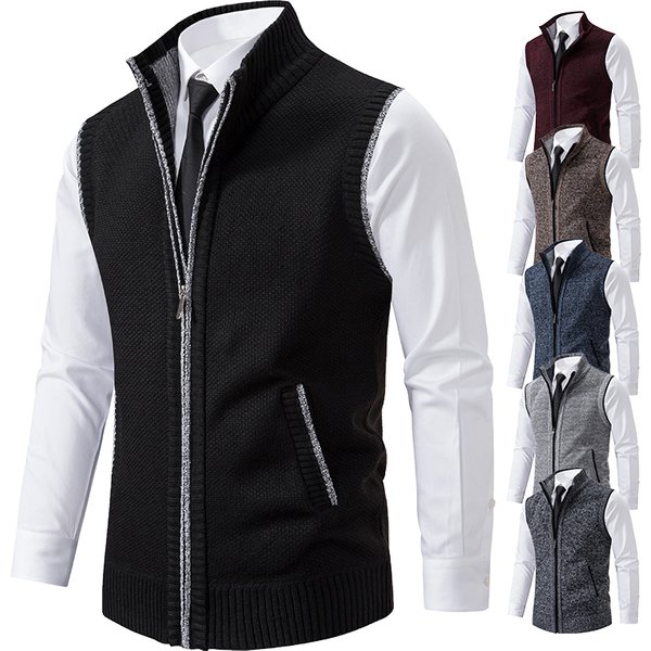 Vest Men's Knitted Sleeveless Sweater Wool Velvet Zipper Cardigan Turn-down Pullovers Turtleneck Sweatercoat Knit Waistcoat