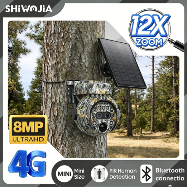 SHIWOJIA 8MP Super HD Dual-Objektiv Solar-Sicherheitskamera 12X Zoom Bluetooth Drahtlose CCTV-Kamera mit eingebautem Akku und PIR-Bewegungsmelder