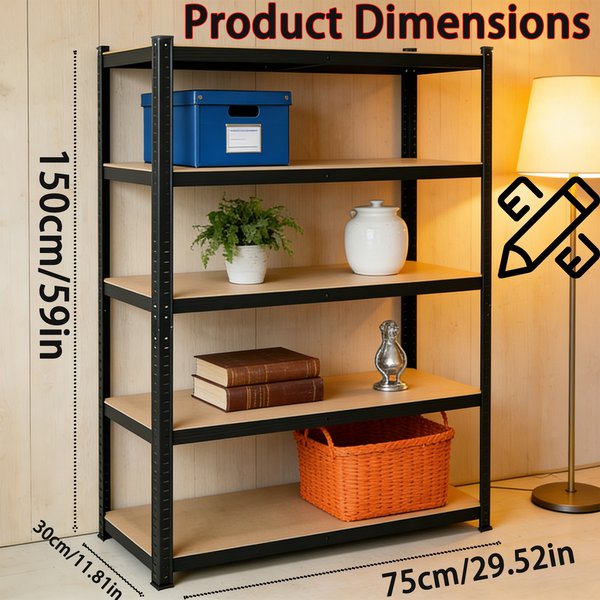 5-stufiges Verstellbares Schwerlastregal, 150 X 70 X 30 cm, Garagenregal, Gesamtlastkapazität bis zu 875 kg, Robuste Lagerregale, Kellerregal für Küche, Abstellraum, Bücheregale, Werkzeugregal