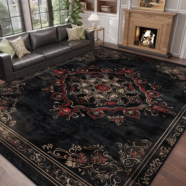 Tapis de luxe noir pour salon, décoration intérieure, chambre à coucher, salle à manger, tapis doux antidérapant, lavable, grand format, tapis de sol en peluche.