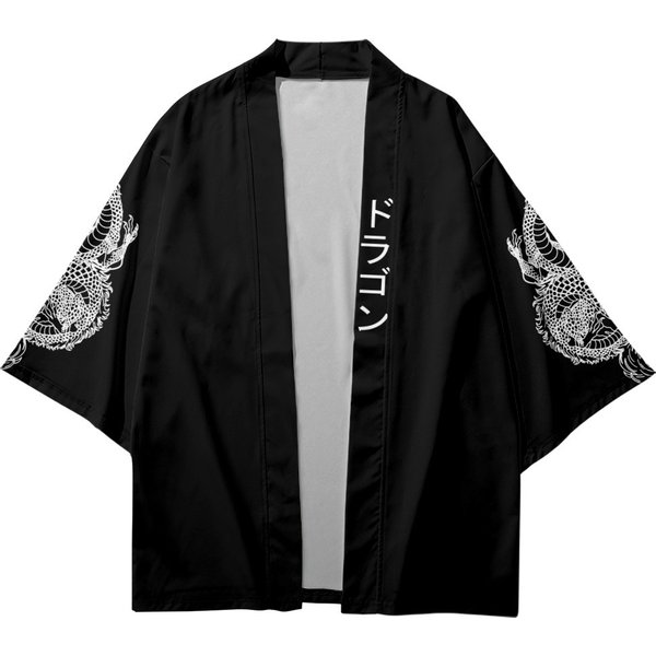 Sleeves Dragon Print Black Kimono Loose Japanese Streetwear Cardigan Women Men Harajuku Haori Cosplay Top Shirts Yukata