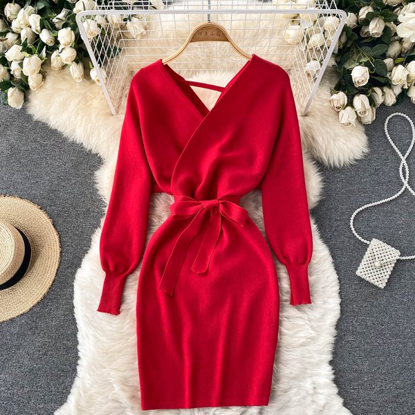 YuooMuoo Frauen Kleid 2025, Herbst Winter, elegante Schärpe, Verband, figurbetontes Minikleid, schicke Mode, Y2K-Strick-Damenkleider, Party