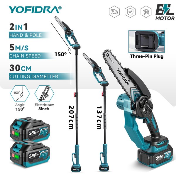 YOFIDRA Bürstenlose 137-207cm Teleskopstange Elektrische Kettensäge Hochastsäge Holzbearbeitungs-Elektrowerkzeug für 18V 21V Akku