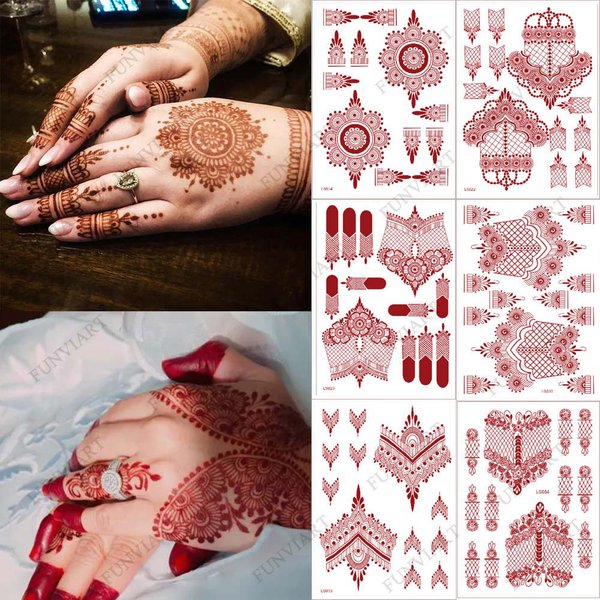 10 pièces/ensemble couleur marron henné tatouage autocollants pour main marron rouge henné tatouages pour femmes imperméable temporaire Mehndi tatouage faux