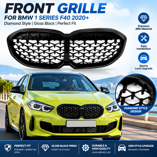 Frontgrill für BMW 1er F40 2020+ Hochglanz-Schwarz Diamant-Stil Front-Nieren-Stoßstangengrill Kühlergrill Auto-Tuning-Teile
