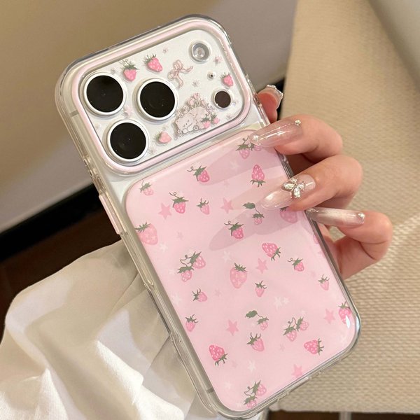 Süße Erdbeer-Rosa-Katzen-Schutzhülle für iPhone 15 16 17 Pro Max 14 13 Pro Max Cartoon-Schutz Rückseite
