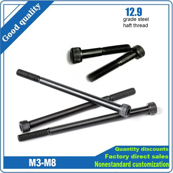 1/10 Stück M3 M4 M5 M6 M8 schwarzer Stahl der Güteklasse 12,9, verlängert, langer Innensechskant, Innensechskant, Halbgewinde-Schraube, 30–300 mm