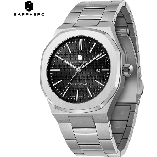 SAPPHERO Herren-Quarzuhr, Edelstahl, 50 m wasserdicht, Datumsanzeige, leuchtende Zeiger, Business-elegante Armbanduhr, langlebiges Geschenk