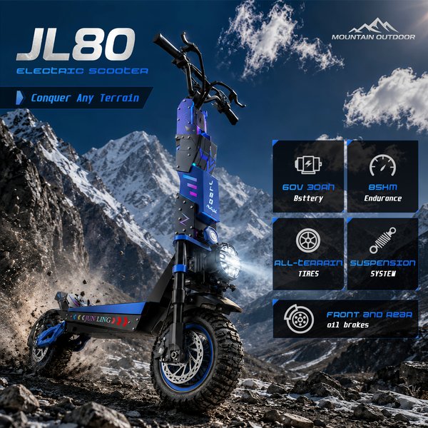 Jl80 Elektroroller für Erwachsene 60V 30Ah Akku 85Km Reichweite 12" Offroad-Reifen Doppel-Ölbremsen Offroad-Elektroroller mit App