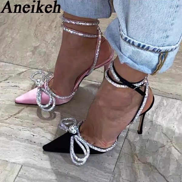 Aneikeh PVC Style paillettes strass femmes pompes cristal nœud papillon Satin dame soie talons hauts chaussures de fête 2025 printemps taille 35-42